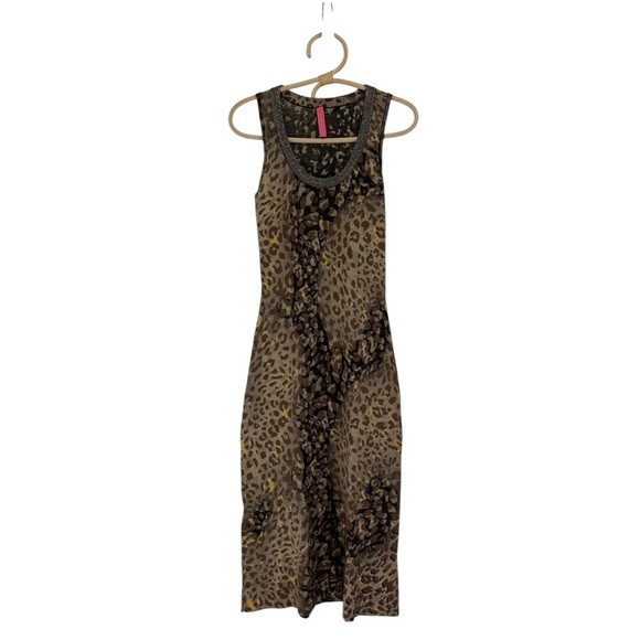 Charlotte Black Brown Gold Leopard Print Silver Embellished Neckline MIDI Dress - Picture 15 of 16